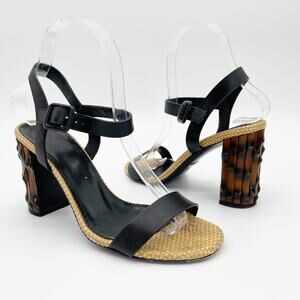 Gucci Dahlia Black Leather Raffia Bamboo Block Heel Ankle Strap Sandals EU 37